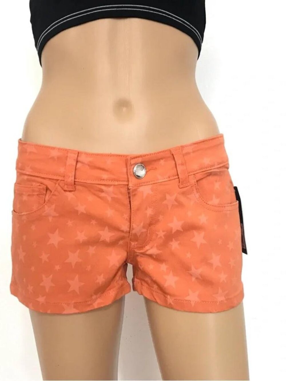 Women Juniors Teens Stars Print Low Rise Denim Jeans Shorts - Orange, 5